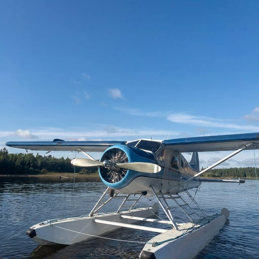 Float plane flying over tundra from Lake Illiamna to Mulchatna River