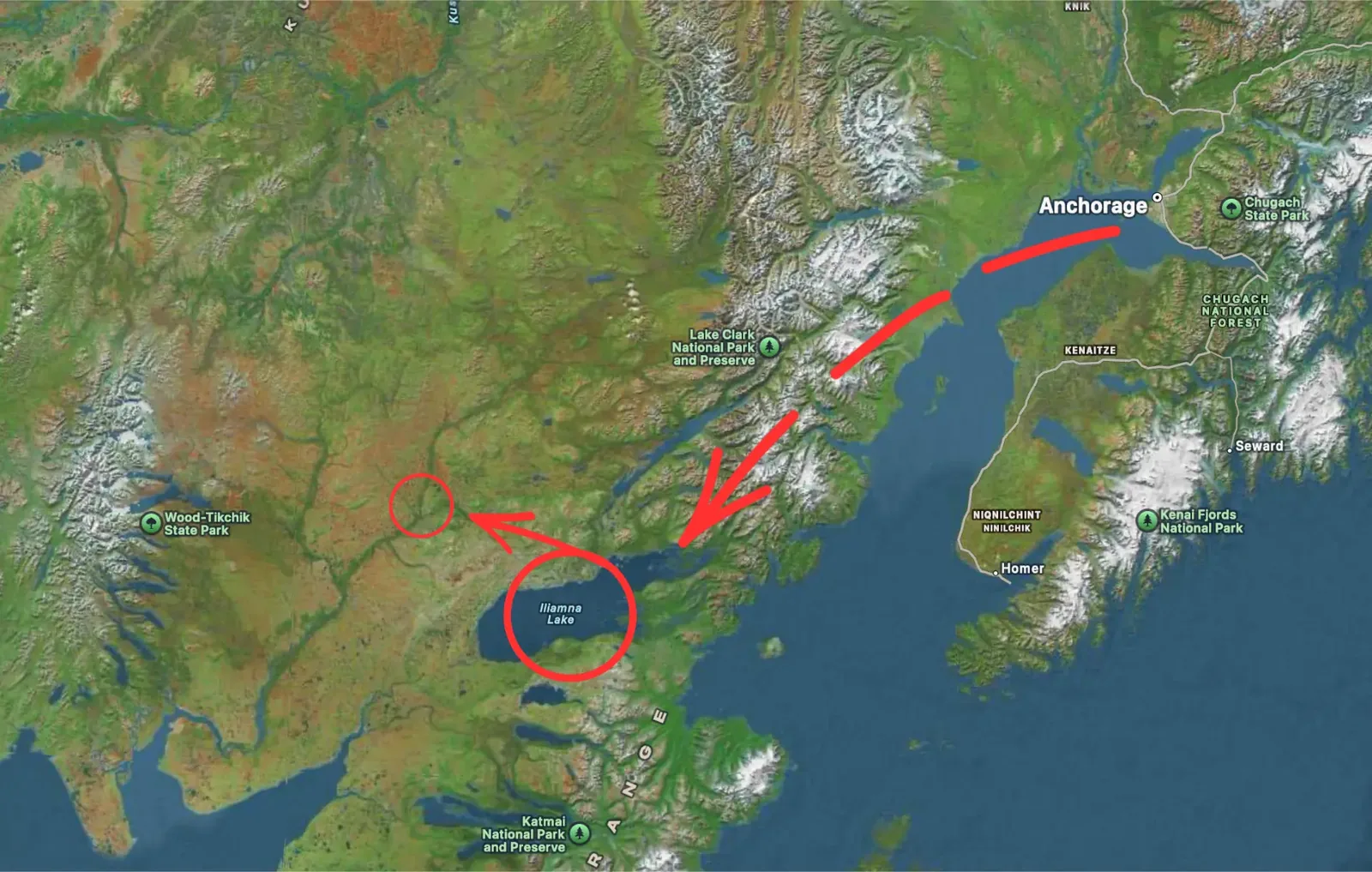 Map showing route from Anchorage to Iliamna Lake to Mulchatna River