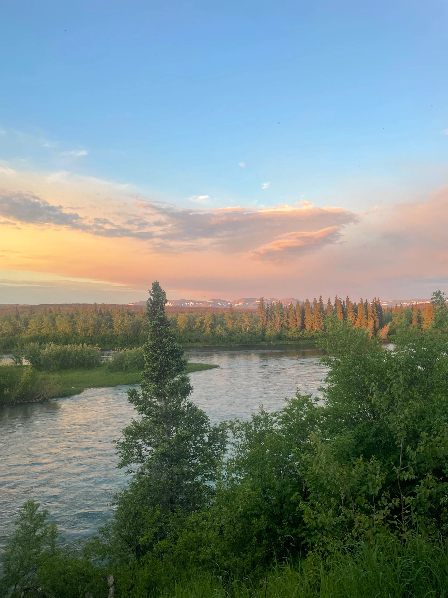 Golden sunset over the Mulchatna River with spruce trees and mountains